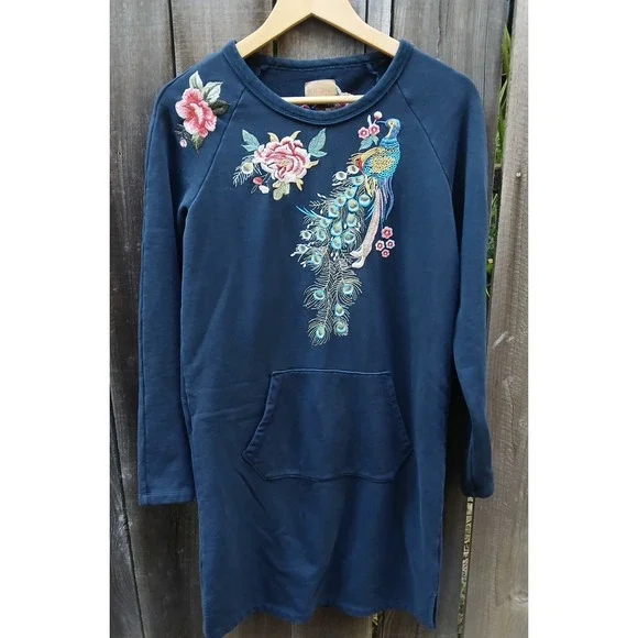 Driftwood Layla‎ Embroidered Peacock Floral Tunic Sweatshirt Dress Women's S - Picture 5 of 10